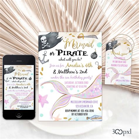 Mermaid And Pirate Birthday Invitation Under The Sea Invitation Sibling Mermaid Pirate Joint