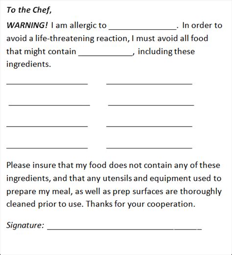 Customer Allergic Notice Form Restaurant Business Plans Systems