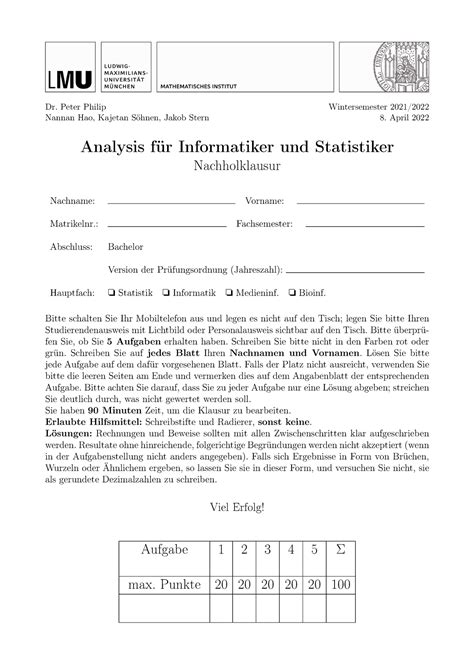 Nachholklausur Ws Analysis F R Informatiker Und Statistiker Lmu