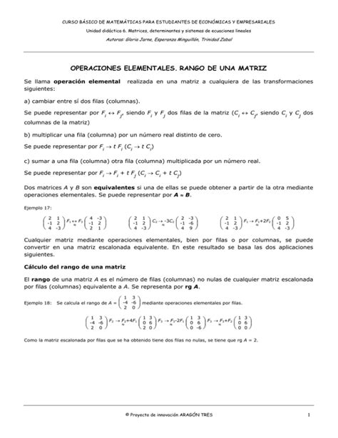 Operaciones Elementales Rango De Una Matriz