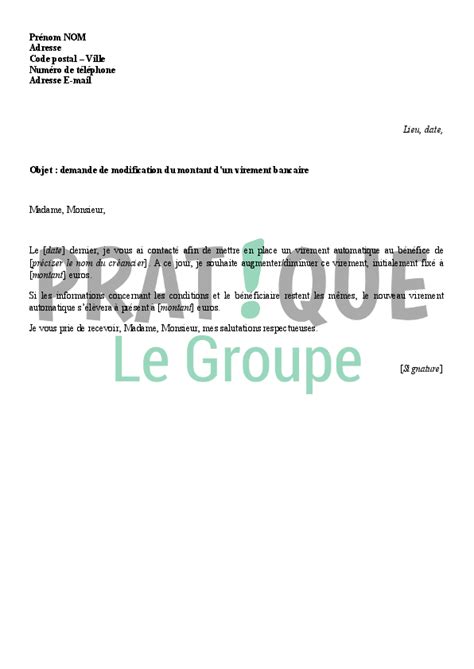 Lettre La Banque Demande De Modification Du Montant D Un Virement