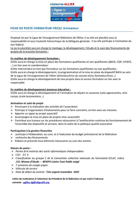 Fiche De Poste Formateurpage 0001 Ligue De Lenseignement De Lallier