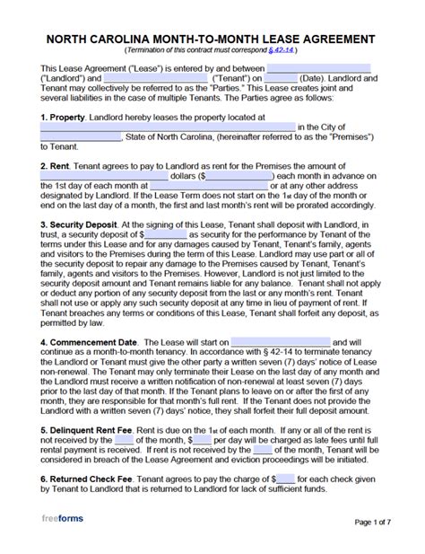 Free North Carolina Month To Month Lease Agreement Template PDF WORD