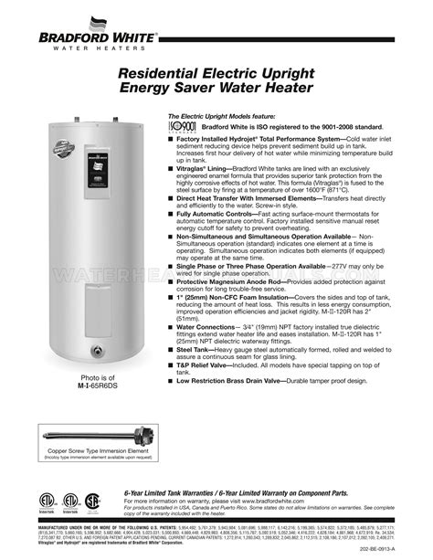 Bradford White M I 80R6DS Water Heater Specification Sheet Water