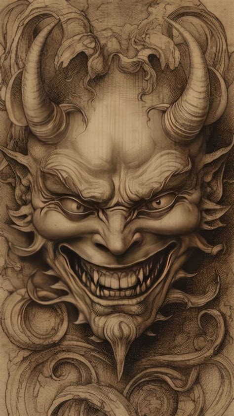 A Drawing Of A Demon With Horns And Fangs On It S Face Is Shown