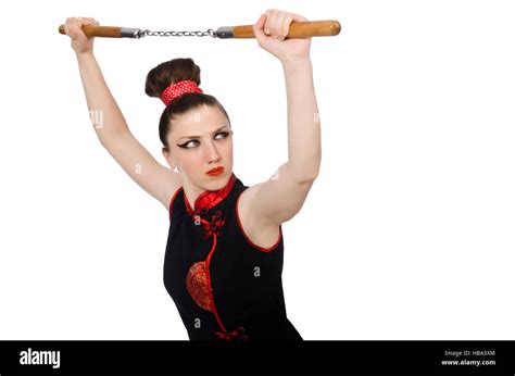 Funny Woman With Nunchucks Isolated On White Stock Photo Alamy