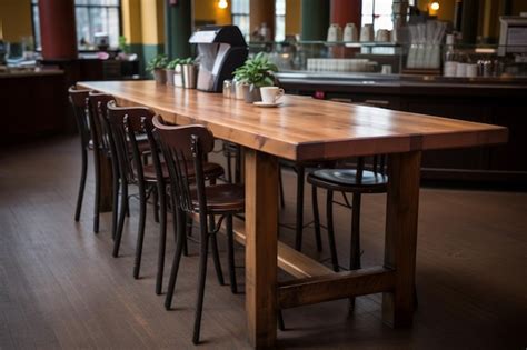 Premium Photo Rustic Wooden Communal Table And Chairs In A Cafe