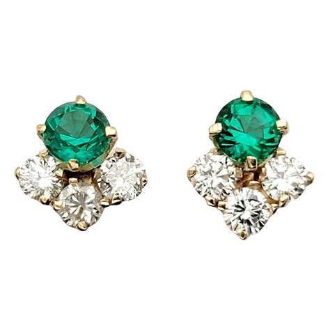 1 27 Carats Total Round Diamond And Lab Created Emerald Stud Earrings