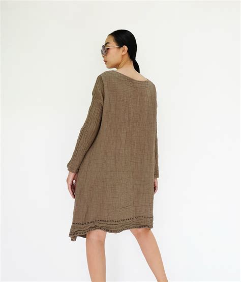 No 201 Brown Double Cotton Gauze Long Sleeves Tunic Dress Etsy