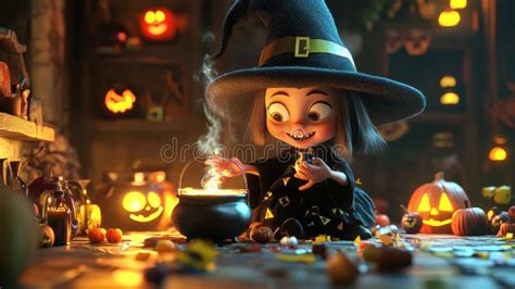 Cute Witch Making Potion In A Cozy Halloween Scene Stock Illustration