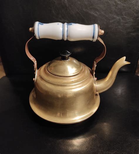 Antique Small Brass Teapot With Porcelain Handle Vintage Etsy