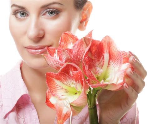 Young Beautiful Woman With Big Pink Flowers Stock Photo Image Of