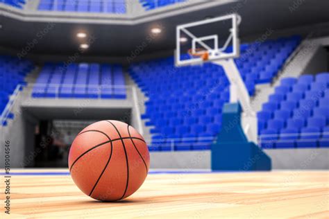 Basketball ball on basketball court in an empty basketball arena. Stock ...