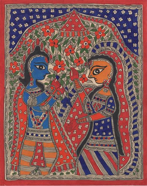 Madhubani Indian Tribal Mithila Folk Painting Handmade Radha Krishna