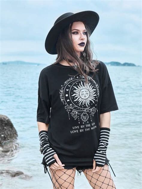 Goth Camiseta Amplia Con Estampado De Sol Y Luna Moda De Mujer