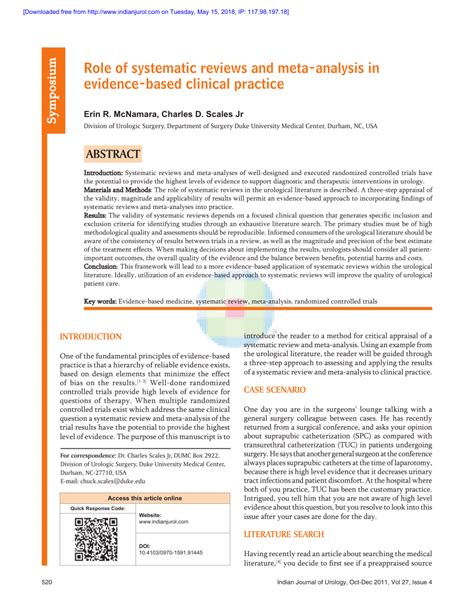 PDF Role Of Systematic Reviews And Meta Analysis In Evidence Based