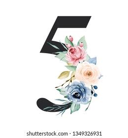 Number Five Watercolor Flowers Roses Leaf Stock Illustration 1393608473