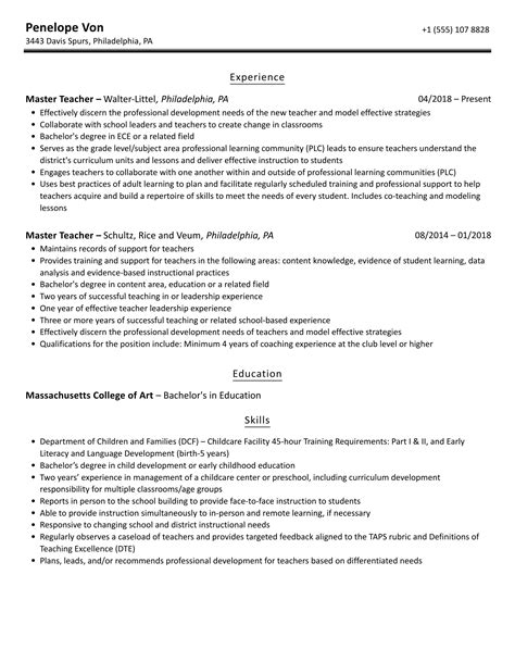 Master Teacher Resume Samples | Velvet Jobs