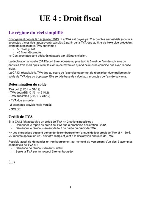 Fiches Ue Ggg Ue Droit Fiscal Le R Gime Du R El Simplifi