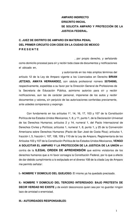 Amparo Indirecto Vs Orden De Aprensi N Amparo Indirecto Erscrito