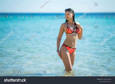 Sexy Brunette Bikini Stands Kneedeep Seawater Stock Photo Shutterstock