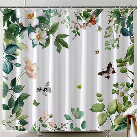 Enchanting Floral And Butterfly Shower Curtain Artistic Design With Green