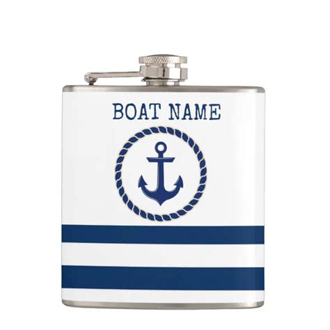 Nautical Boat Name Anchor Navy Blue Striped Flask Zazzle