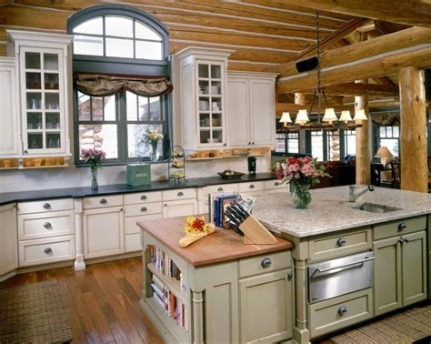 Rustic Theme Unifies This Kitchen Featuring Log Cabin Style Exposed Beams And Columns With