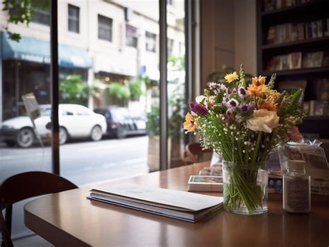 Premium AI Image | A table with a vase of flowers on it and a book on the table