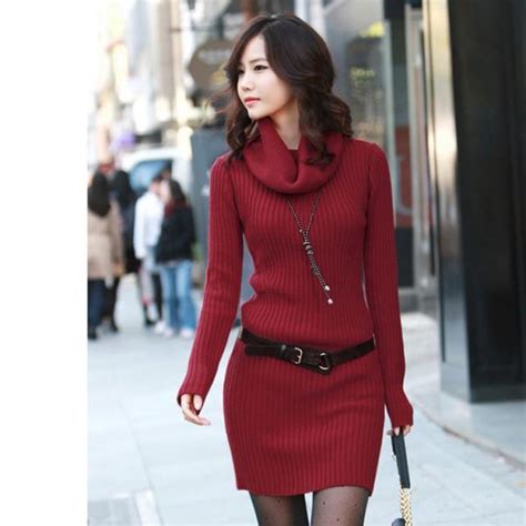 Slim Long Sleeved Turtleneck Sweater Knit Dress Red On Luulla