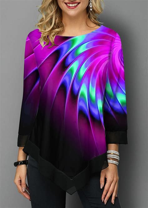 Colorful Asymmetric Hem Printed T Shirt For Women