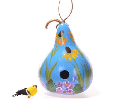 Painted Yellow Daisy Flowered Gourd Birdhouse Natural Gourd Birdhouse