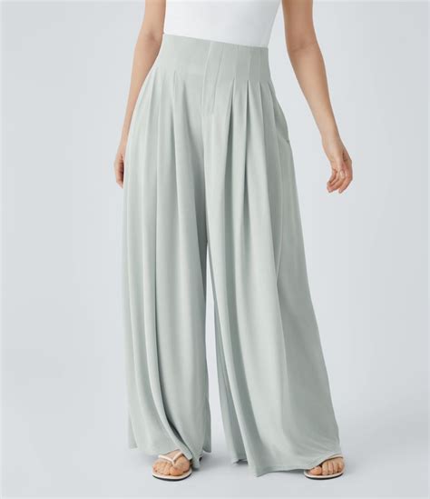Womens High Waisted Pleated Side Pocket Flowy Wide Leg Palazzo Waffle