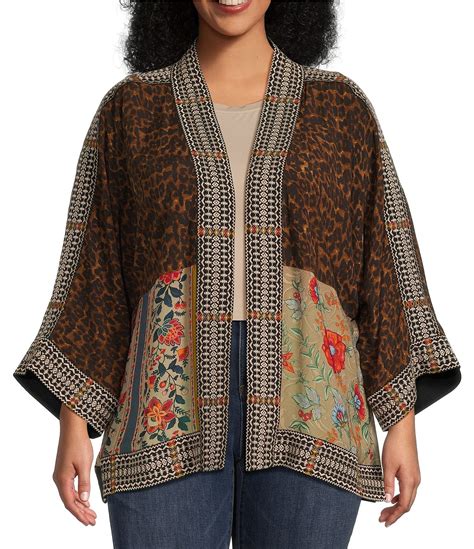 John Mark Plus Size Woven Multi Print Embroidered Open Front Neck 3 4