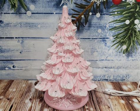 Ceramic Christmas Tree Lighted 18 Nowell Vintage Mold Pink W Clear