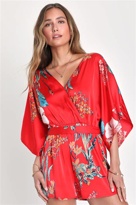 Red Floral Print Romper Satin Floral Romper Surplice Romper Lulus