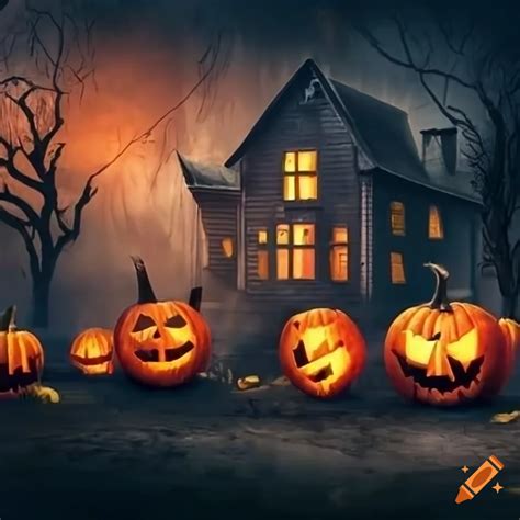 Haunted House With Pumpkins On Halloween