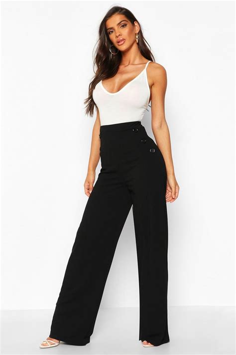 Button Detail Wide Leg Trouser Boohoo Uk