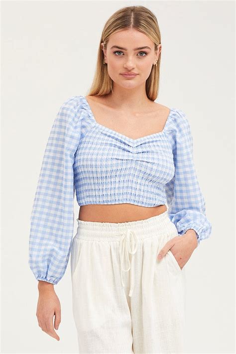 Womens Check Crop Top Long Sleeve Ally Fashion