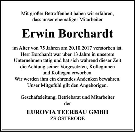 Traueranzeigen Von Erwin Borchardt Trauer Anzeigen De