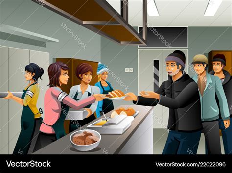 Volunteers Serving Food To Homeless People Vector Image