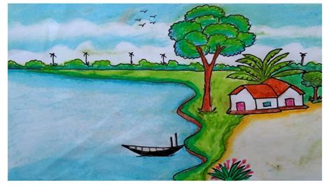 How To Draw A Beautiful Riverside Village Scenery Very Easy Landscape