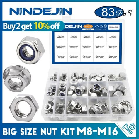 NINDEJIN Big Size Hex Lock Nut Set M8 M16 Stainless Steel Nylon Insert