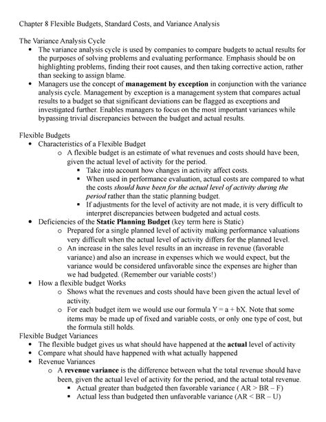 Chapter 8 Flexible Budgets Standard Costs And Variance Analysis Notes Chapter 8 Flexible