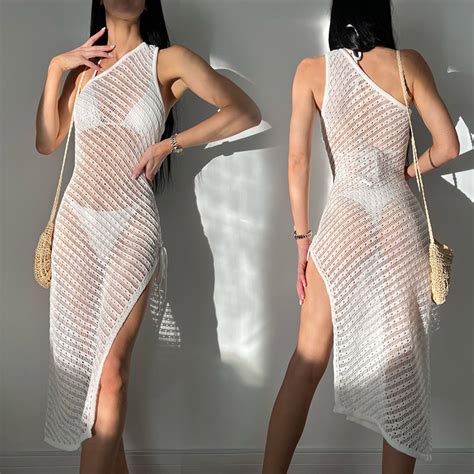 Amazon Hollowed Out Slit One Shoulder Long Skirt Bikini Beach Women S Smock Bikini And Micro