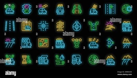 Roadtrip Icons Set Outline Vector Excursion Car Summer Travel Neon