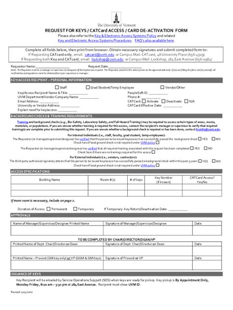 Fillable Online Request For Keys Catcard Access Card De Activation