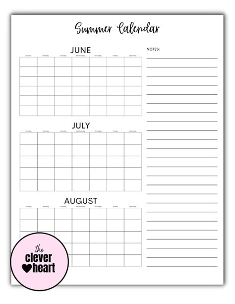 June July August 2024 Calendar Free Printable The Clever Heart