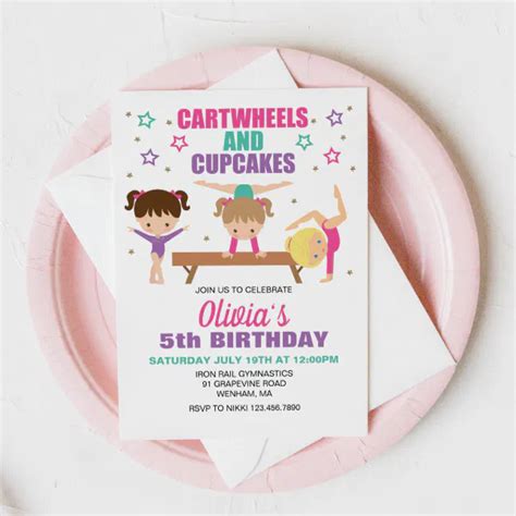 Gymnastics Cartwheels And Cupcakes Birthday Invitation Zazzle