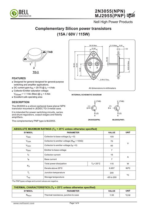 N Pnp Npn Complementary Silicon Power Transistors Mj